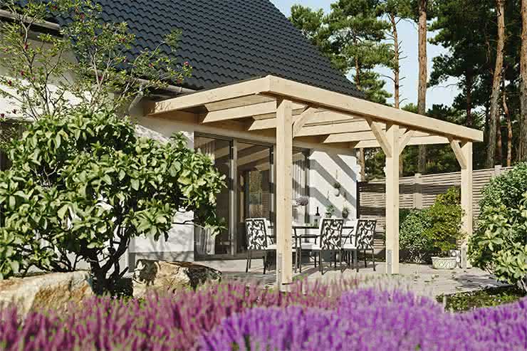 Günstig: Terrassenüberdachung mit Stegplatten und Holzstützen, 507 x 314 cm, Lärche naturbelassen Lärche natur