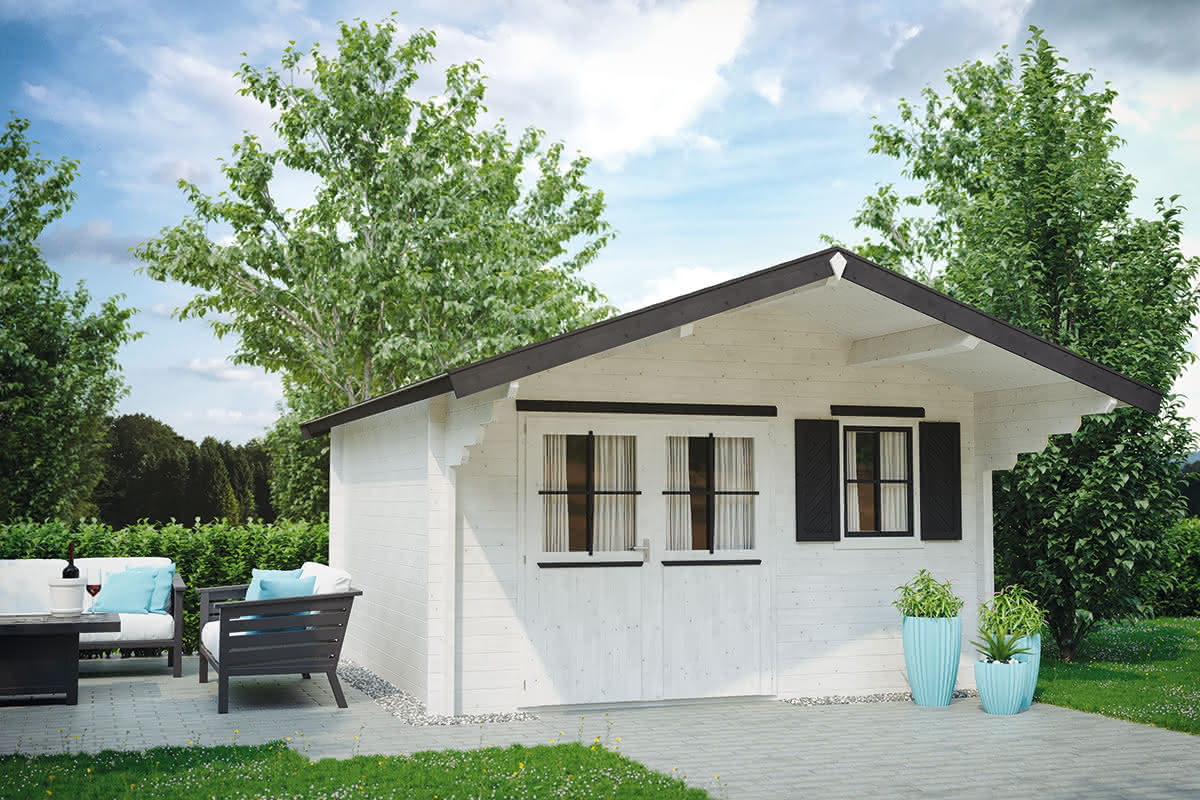 Gartenhaus mit Vordach 368 x 308 cm | 45 mm