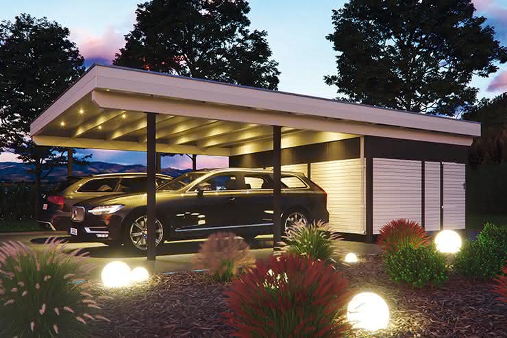 Flachdach Doppel-Carport Freiburg mit Stahlstützen, 601x556 cm, mit tropfhemmenden Stahl-Trapezplatten, Fichte Leimholz weiß grundiert 556 cm | Trapez-Profil, tropfhemmend | Fichte Leimholz weiß