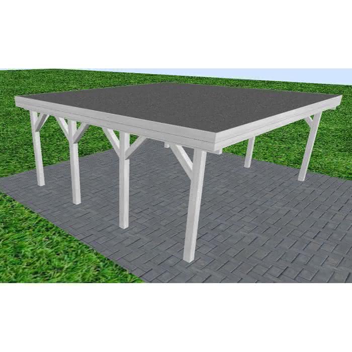Doppelcarport Büsum KF Select, 605x556 cm, mit Foliendach, Fichte Leimholz weiß grundiert Kurz (556 cm) | Foliendach | Fichte Leimholz weiß