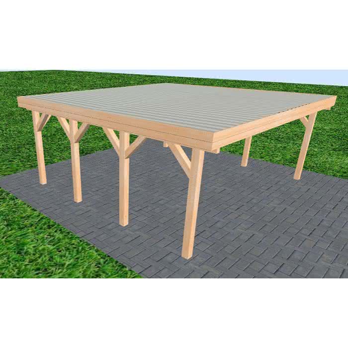Doppelcarport Büsum KT Perfect, 601x556 cm, mit tropfhemmenden Stahl-Trapezplatten, Fichte Leimholz naturbelassen Kurz (556 cm) | Trapez-Profil, tropfhemmend | Fichte Leimholz natur