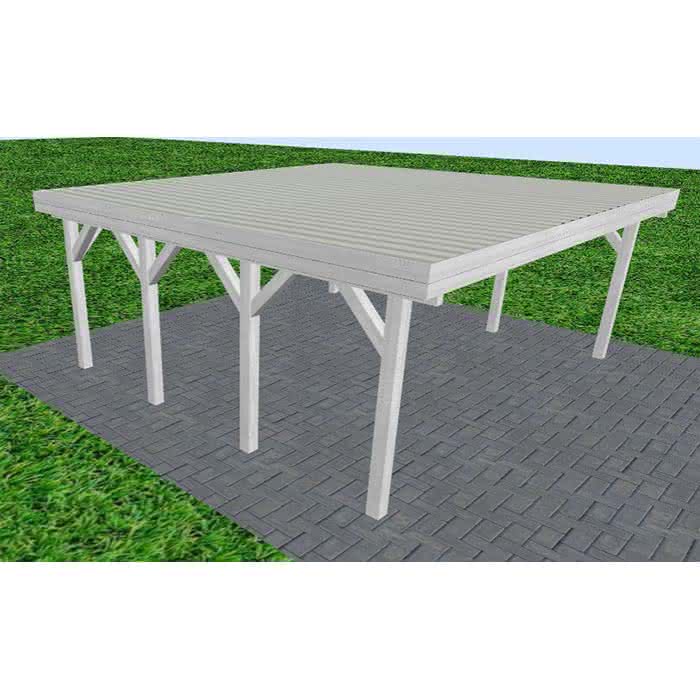 Doppelcarport Büsum KT Select, 601x556 cm, mit tropfhemmenden Stahl-Trapezplatten, Fichte Leimholz weiß grundiert Kurz (556 cm) | Trapez-Profil, tropfhemmend | Fichte Leimholz weiß