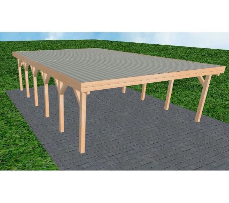 Doppelcarport Büsum LT Perfect, 601x879 cm, mit tropfhemmenden Stahl-Trapezplatten, Fichte Leimholz naturbelassen Lang (879 cm) | Trapez-Profil, tropfhemmend | Fichte Leimholz natur