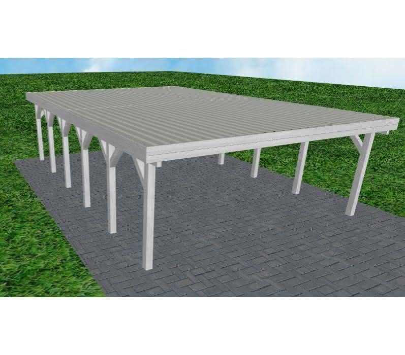 Doppelcarport Büsum LT Select, 601x879 cm, mit tropfhemmenden Stahl-Trapezplatten, Fichte Leimholz weiß grundiert Lang (879 cm) | Trapez-Profil, tropfhemmend | Fichte Leimholz weiß