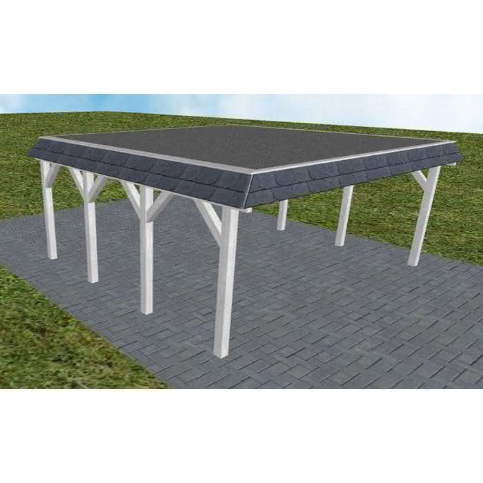 Walmblenden-Doppelcarport Grömitz KF Select, 605x556 cm, mit Foliendach, Fichte Leimholz weiß grundiert Kurz (556 cm) | Foliendach | Fichte Leimholz weiß