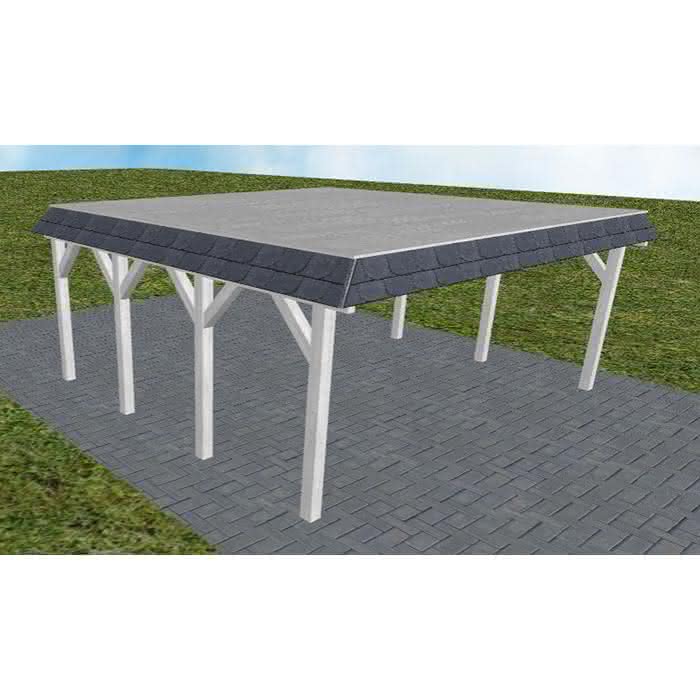 Walmblenden-Doppelcarport Grömitz KG Select, 605x556 cm, vorbereitet für Grünbedachung, Fichte Leimholz weiß grundiert Kurz (556 cm) | vorbereitet für Gründach | Fichte Leimholz weiß