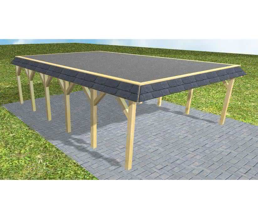 Walmblenden-Doppelcarport Grömitz LF Classic, 605x879 cm, mit Foliendach, Kiefer KDI-grün Lang (879 cm) | Foliendach | Kiefer KDI