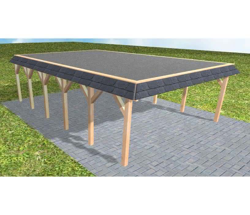 Walmblenden-Doppelcarport Grömitz LF Perfect, 605x879 cm, mit Foliendach, Fichte Leimholz naturbelassen Lang (879 cm) | Foliendach | Fichte Leimholz natur