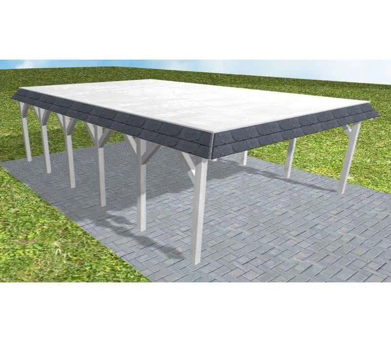 Walmblenden-Doppelcarport Grömitz LG Select, 605x879 cm, vorbereitet für Grünbedachung, Fichte Leimholz weiß grundiert Lang (879 cm) | vorbereitet für Gründach | Fichte Leimholz weiß