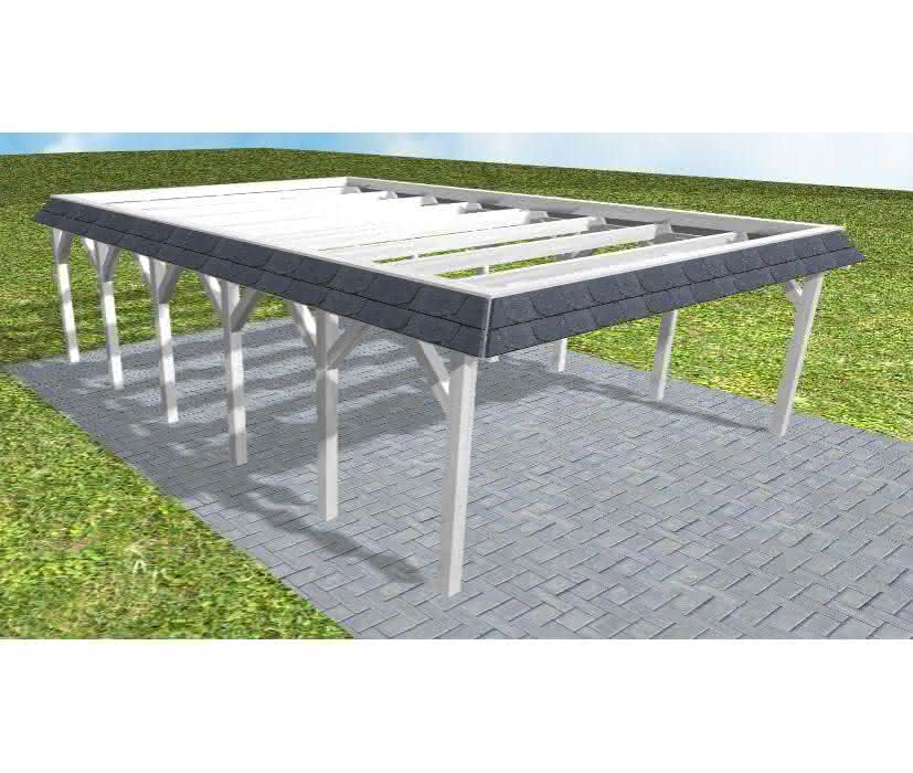 Walmblenden-Doppelcarport Grömitz LO Select, 605x879 cm, ohne Bedachung, Fichte Leimholz weiß grundiert Lang (879 cm) | ohne Bedachung | Fichte Leimholz weiß