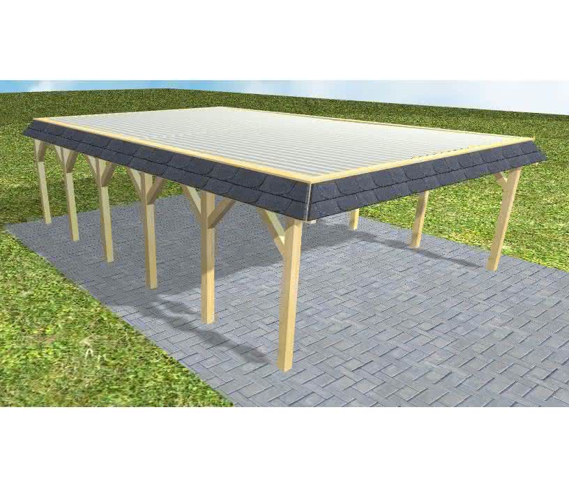 Walmblenden-Doppelcarport Grömitz LT Classic, 610x879 cm, mit tropfhemmenden Stahl-Trapezplatten, Kiefer KDI-grün Lang (879 cm) | Trapez-Profil, tropfhemmend | Kiefer KDI