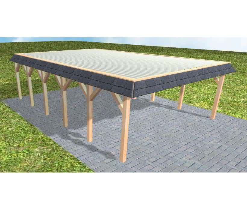 Walmblenden-Doppelcarport Grömitz LT Perfect, 610x879 cm, mit tropfhemmenden Stahl-Trapezplatten, Fichte Leimholz naturbelassen Lang (879 cm) | Trapez-Profil, tropfhemmend | Fichte Leimholz natur