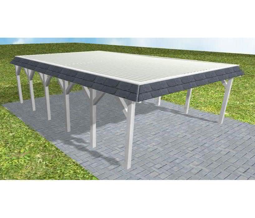 Walmblenden-Doppelcarport Grömitz LT Select, 610x879 cm, mit tropfhemmenden Stahl-Trapezplatten, Fichte Leimholz weiß grundiert Lang (879 cm) | Trapez-Profil, tropfhemmend | Fichte Leimholz weiß