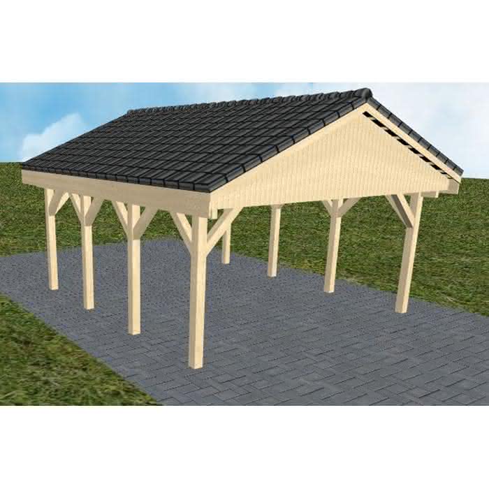 Satteldach-Carport Walsrode KD, 505x573 cm, mit Dachpfannen und Dachrinnen, Fichte KVH naturbelassen Kurz (573 cm) | komplett | Fichte KVH natur