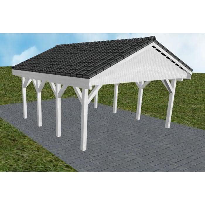 Satteldach-Carport Walsrode KD, 505x573 cm, mit Dachpfannen und Dachrinnen, Fichte Leimholz weiß grundiert Kurz (573 cm) | komplett | Fichte Leimholz weiß