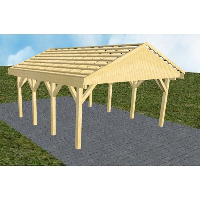 Satteldach-Carport Walsrode KO, 505x573 cm, ohne Dachpfannen und Dachrinnen, Kiefer KDI-grün Kurz (573 cm) | ohne Pfannen u. Entwässerung | Kiefer KDI