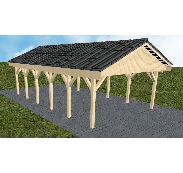 Satteldach-Carport Walsrode LD, 505x903 cm, mit Dachpfannen und Dachrinnen, Fichte KVH naturbelassen Lang (903 cm) | komplett | Fichte KVH natur