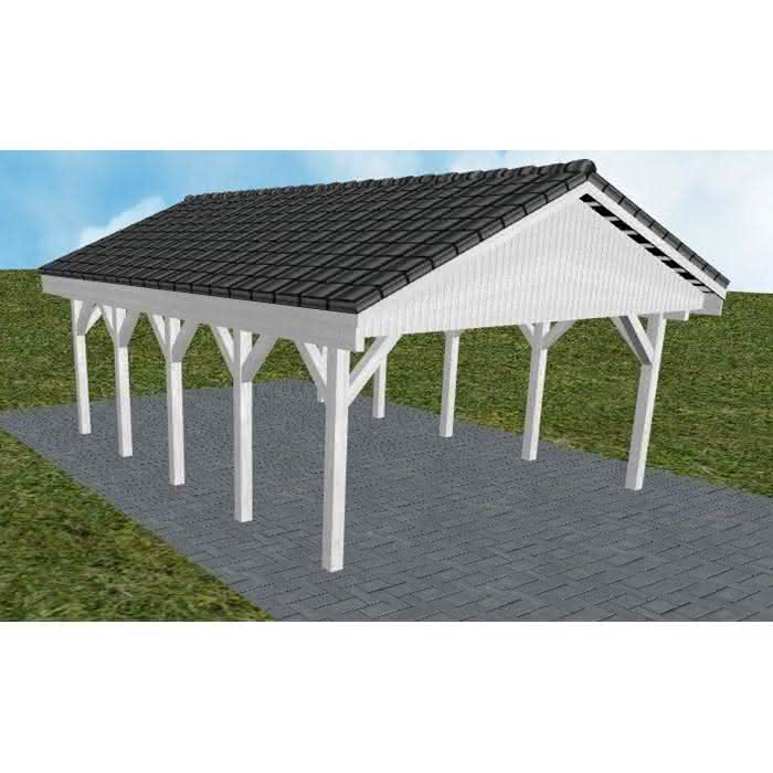 Satteldach-Carport Walsrode MD, 505x723 cm, mit Dachpfannen und Dachrinnen, Fichte Leimholz weiß grundiert Mittel (723 cm) | komplett | Fichte Leimholz weiß