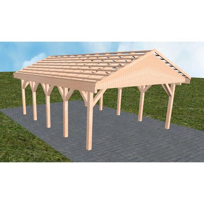 Satteldach-Carport Walsrode MO, 505x723 cm, ohne Dachpfannen und Dachrinnen, Lärche naturbelassen Mittel (723 cm) | ohne Pfannen u. Entwässerung | Lärche natur