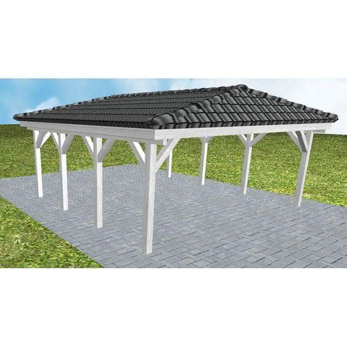 Walmdach-Doppelcarport Keitum KD Select, 605x573 cm, inkl. Dachpfannen und Dachrinnen, Fichte Leimholz weiß grundiert Kurz (573 cm) | komplett | Fichte Leimholz weiß