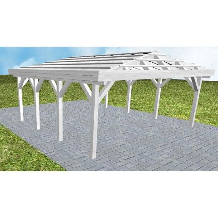 Walmdach-Doppelcarport Keitum KO Select, 605x573 cm, ohne Dachpfannen und Dachrinnen, Fichte Leimholz weiß grundiert Kurz (573 cm) | ohne Pfannen u. Entwässerung | Fichte Leimholz weiß