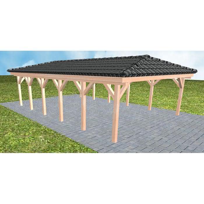 Walmdach-Doppelcarport Keitum LD Natur, 605x903 cm, inkl. Dachpfannen und Dachrinnen, Lärche naturbelassen Lang (903 cm) | komplett | Lärche natur