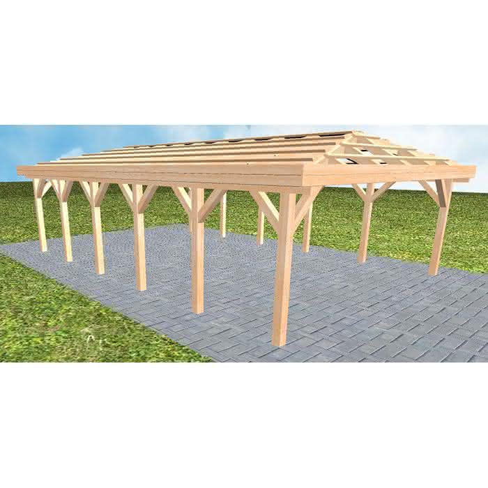 Walmdach-Doppelcarport Keitum LO Perfect, 605x903 cm, ohne Dachpfannen und Dachrinnen, Fichte Leimholz naturbelassen Lang (903 cm) | ohne Pfannen u. Entwässerung | Fichte Leimholz natur