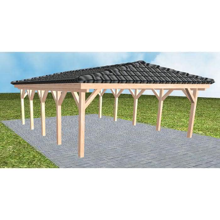 Walmdach-Doppelcarport Keitum MD Natur, 605x723 cm, inkl. Dachpfannen und Dachrinnen, Lärche naturbelassen Mittel (723 cm) | komplett | Lärche natur