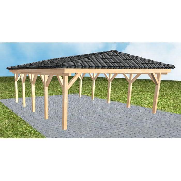 Walmdach-Doppelcarport Keitum MD Perfect, 605x723 cm, inkl. Dachpfannen und Dachrinnen, Fichte Leimholz naturbelassen Mittel (723 cm) | komplett | Fichte Leimholz natur