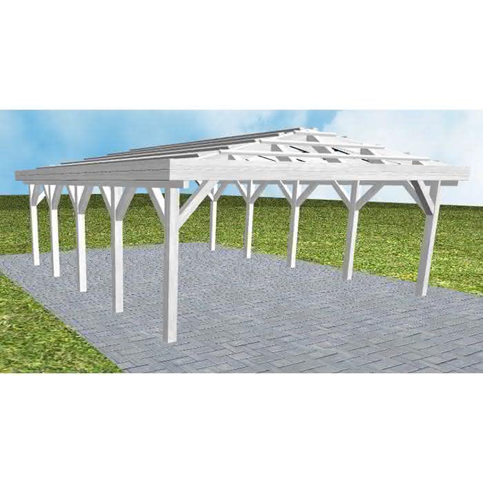 Walmdach-Doppelcarport Keitum MO Select, 605x723 cm, ohne Dachpfannen und Dachrinnen, Fichte Leimholz weiß grundiert Mittel (723 cm) | ohne Pfannen u. Entwässerung | Fichte Leimholz weiß