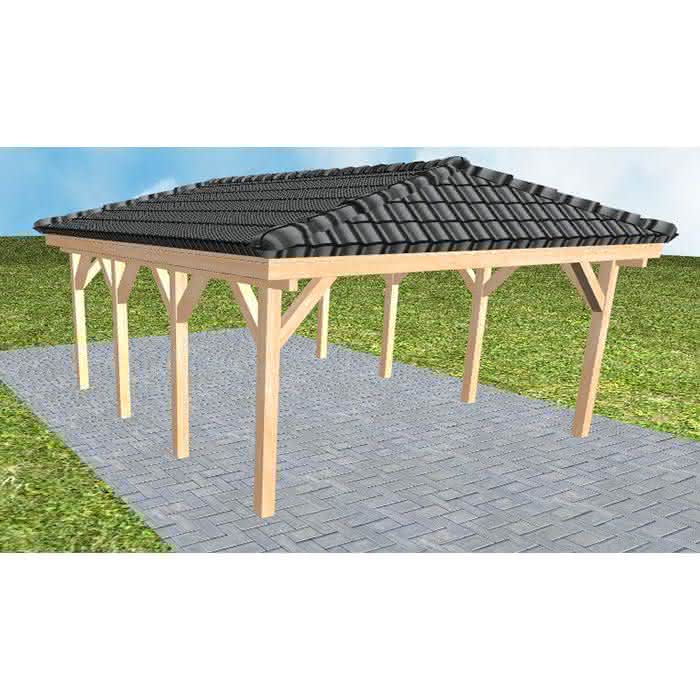 Carport mit Walmdach Kiel KD Perfect, 505x573 cm, inkl. Dachpfannen und Dachrinnen, Fichte Leimholz naturbelassen Kurz (573 cm) | komplett | Fichte Leimholz natur
