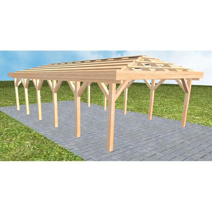 Carport mit Walmdach Kiel LO Perfect, 505x903 cm, ohne Dachpfannen und Dachrinnen, Fichte Leimholz naturbelassen Lang (903 cm) | ohne Pfannen u. Entwässerung | Fichte Leimholz natur