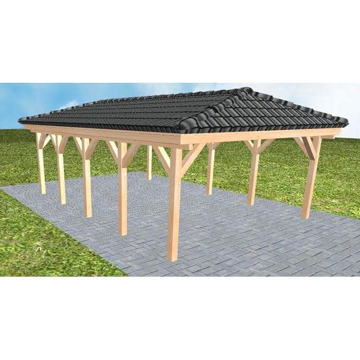 Carport mit Walmdach Kiel MD Perfect, 505x723 cm, inkl. Dachpfannen und Dachrinnen, Fichte Leimholz naturbelassen Mittel (723 cm) | komplett | Fichte Leimholz natur