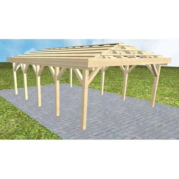 Carport mit Walmdach Kiel MO Master, 505x723 cm, ohne Dachpfannen und Dachrinnen, Fichte KVH naturbelassen Mittel (723 cm) | ohne Pfannen u. Entwässerung | Fichte KVH natur