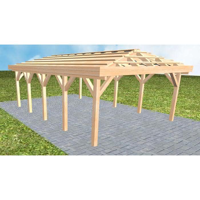 Carport mit Walmdach Kiel MO Perfect, 505x723 cm, ohne Dachpfannen und Dachrinnen, Fichte Leimholz naturbelassen Mittel (723 cm) | ohne Pfannen u. Entwässerung | Fichte Leimholz natur