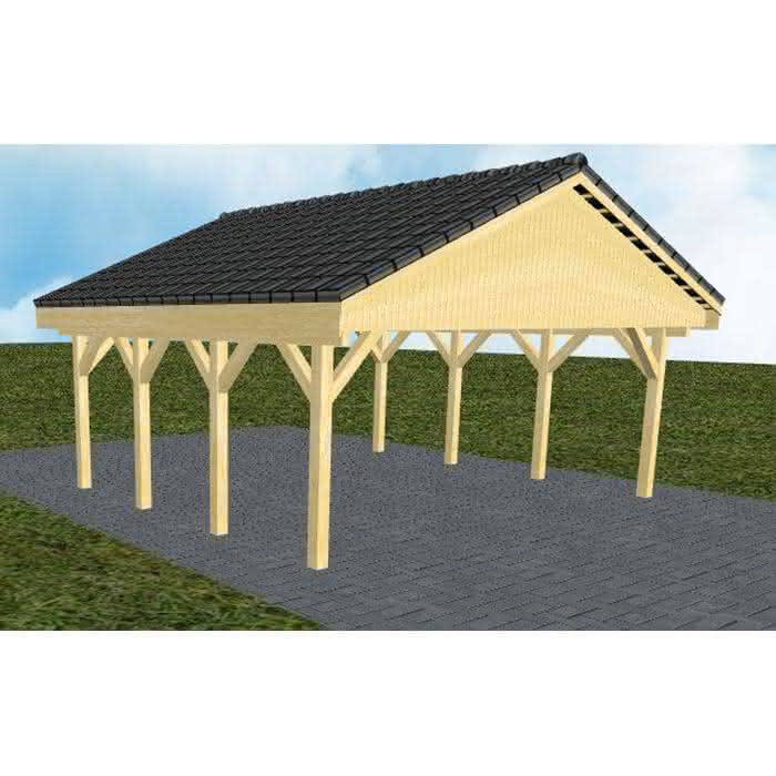 Doppelcarport mit Satteldach Würzburg KD, 605x573 cm, mit Dachpfannen und Dachrinnen, Kiefer KDI-grün Kurz (573 cm) | komplett | Kiefer KDI