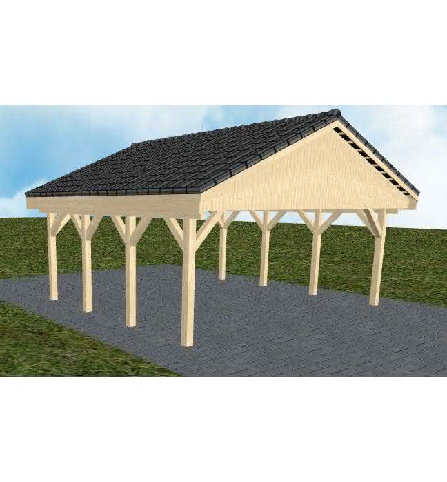 Doppelcarport mit Satteldach Würzburg KD, 605x573 cm, mit Dachpfannen und Dachrinnen, Fichte KVH naturbelassen Kurz (573 cm) | komplett | Fichte KVH natur