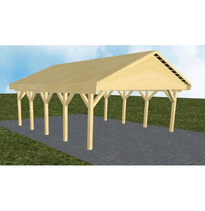 Doppelcarport mit Satteldach Würzburg MG, 605x723 cm, vorbereitet für Grünbedachung, Kiefer KDI-grün Mittel (723 cm) | vorbereitet für Gründach | Kiefer KDI