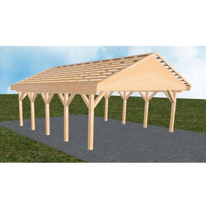 Doppelcarport mit Satteldach Würzburg MO, 605x723 cm, ohne Dachpfannen und Dachrinnen, Fichte Leimholz naturbelassen Mittel (723 cm) | ohne Pfannen u. Entwässerung | Fichte Leimholz natur