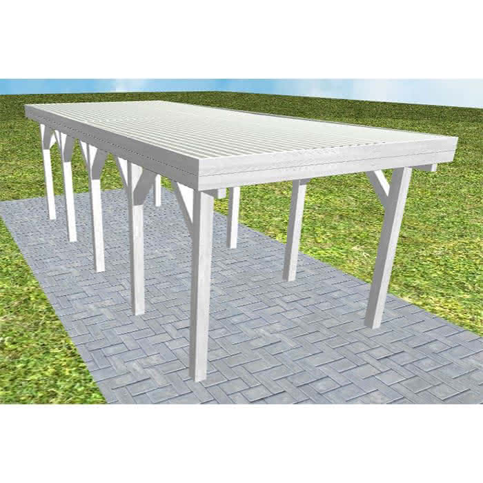 Einzelcarport Bergen MT Select, 293x717 cm, mit tropfhemmenden Stahl-Trapezplatten, Fichte Leimholz weiß grundiert Mittel (717 cm) | Trapez-Profil, tropfhemmend | Fichte Leimholz weiß