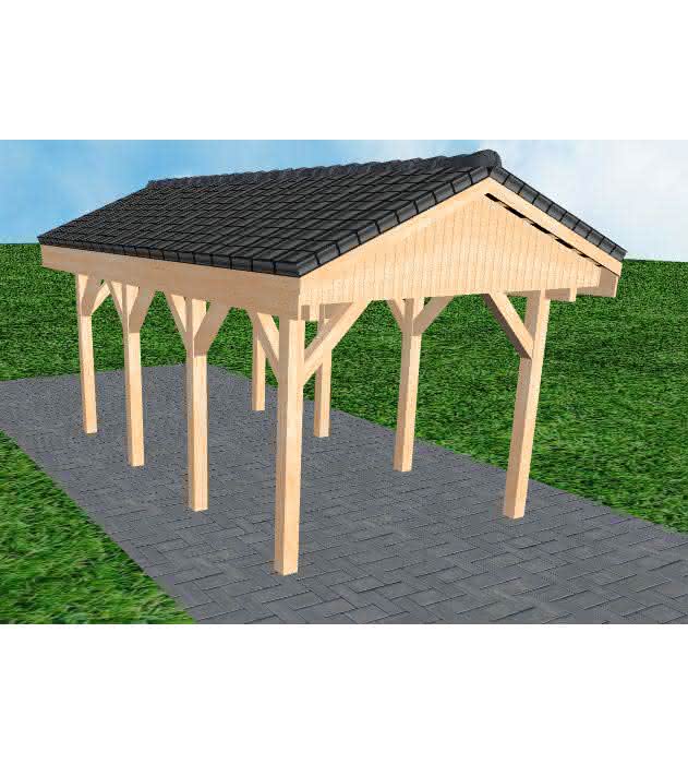 Joda® Satteldach-Carport Wedel KD, 305x573 cm, mit Dachpfannen und Dachrinnen, Fichte Leimholz naturbelassen Kurz (573 cm) | komplett | Fichten Leimholz natur