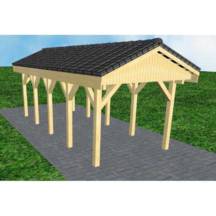 Joda® Satteldach-Carport Wedel MD, 305x723 cm, mit Dachpfannen und Dachrinnen, Kiefer KDI-grün Mittel (723 cm) | komplett | Kiefer KDI