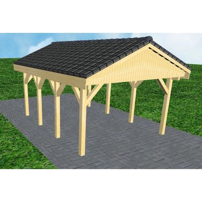 Joda® Satteldach-Carport Wismar KD, 405x573 cm, mit Dachpfannen und Dachrinnen, Kiefer KDI-grün Kurz (573 cm) | komplett | Kiefer KDI