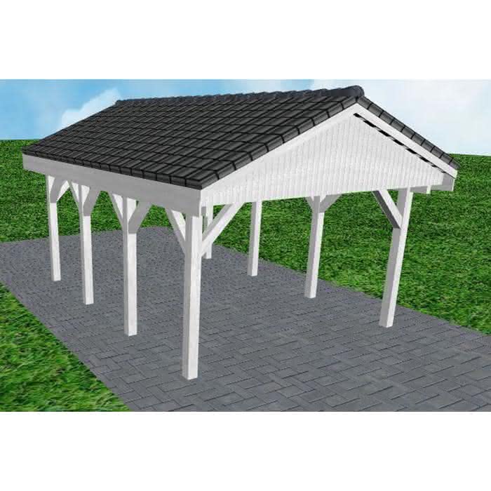 Joda® Satteldach-Carport Wismar KD, 405x573 cm, mit Dachpfannen und Dachrinnen, Fichte Leimholz weiß grundiert Kurz (573 cm) | komplett | Fichte Leimholz weiß