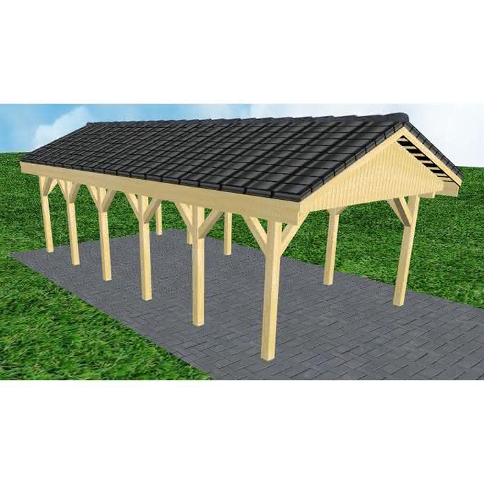 Joda® Satteldach-Carport Wismar LD, 405x903 cm, mit Dachpfannen und Dachrinnen, Kiefer KDI-grün Lang (903 cm) | komplett | Kiefer KDI