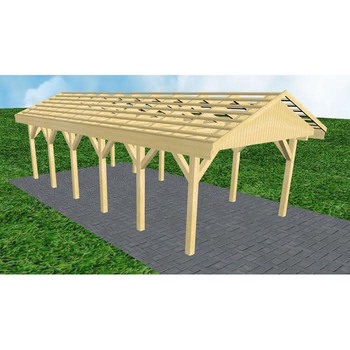 Joda® Satteldach-Carport Wismar LO, 405x903 cm, ohne Dachpfannen und Dachrinnen, Kiefer KDI-grün Lang (903 cm) | ohne Pfannen u. Entwässerung | Kiefer KDI