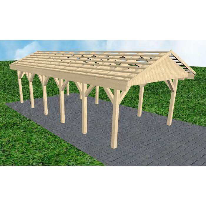 Joda® Satteldach-Carport Wismar LO, 405x903 cm, ohne Dachpfannen und Dachrinnen, Fichte KVH naturbelassen Lang (903 cm) | ohne Pfannen u. Entwässerung | Fichte KVH natur