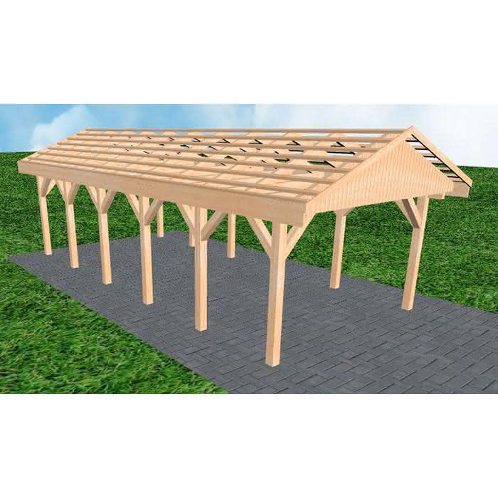Joda® Satteldach-Carport Wismar LO, 405x903 cm, ohne Dachpfannen und Dachrinnen, Fichte Leimholz naturbelassen Lang (903 cm) | ohne Pfannen u. Entwässerung | Fichte Leimholz natur