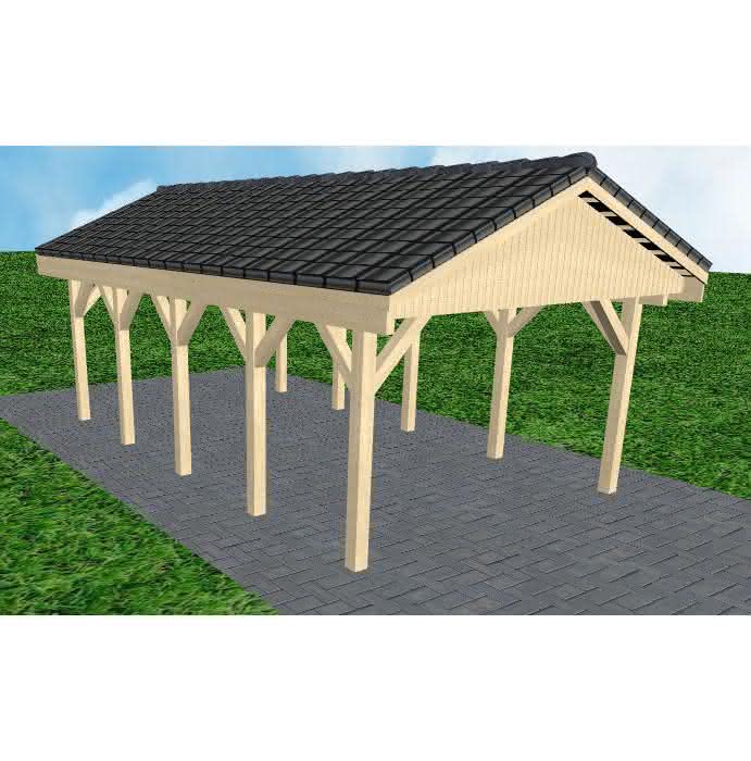 Joda® Satteldach-Carport Wismar MD, 405x723 cm, mit Dachpfannen und Dachrinnen, Fichte KVH naturbelassen Mittel (723 cm) | komplett | Fichte KVH natur