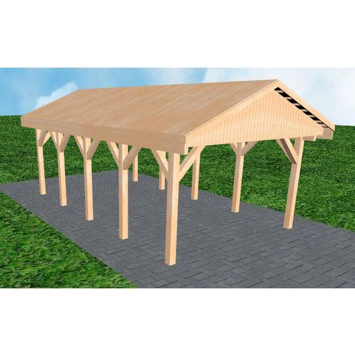 Joda® Satteldach-Carport Wismar MG, 405x723 cm, vorbereitet für Grünbedachung, Fichte Leimholz naturbelassen Mittel (723 cm) | Grünbedachung/Basis | Fichte Leimholz natur